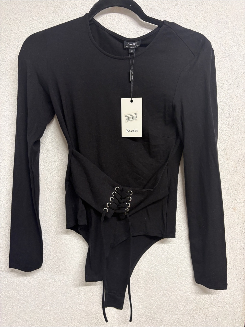 Bardot Black Long-Sleeve Lace-Up Waist Bodysuit